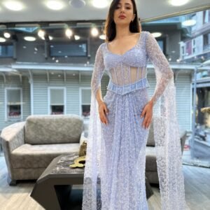Lavender Blue Sweetheart Corset Beaded Evening Gown With Sheer Sleeves