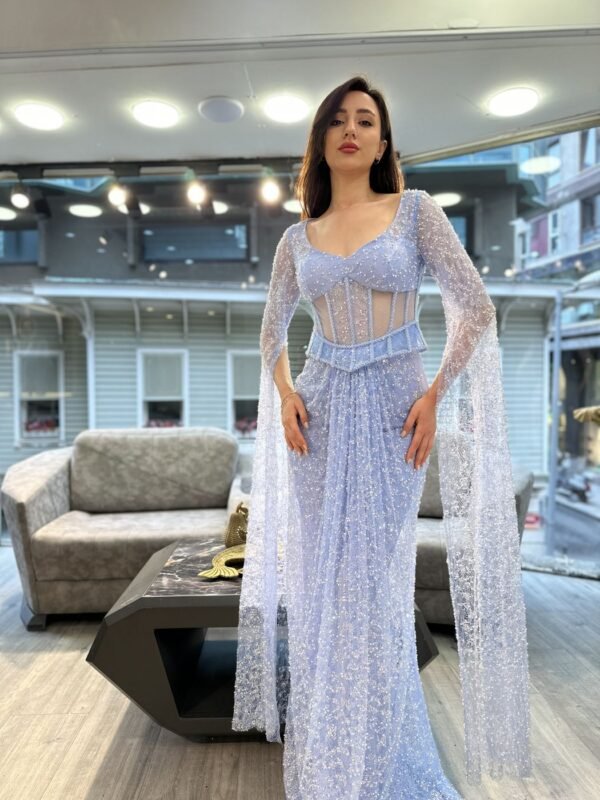 Lavender Blue Sweetheart Corset Beaded Evening Gown With Sheer Sleeves