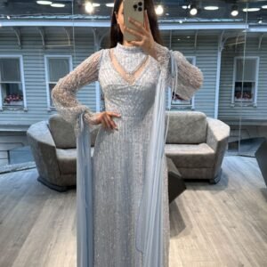 Light Blue Beaded Evening Dress With Sheer Balloon Sleeves Light Blue Beaded Evening Dress With Sheer Balloon Sleeves