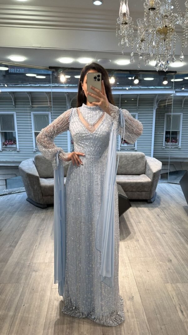 Light Blue Beaded Evening Dress With Sheer Balloon Sleeves Light Blue Beaded Evening Dress With Sheer Balloon Sleeves