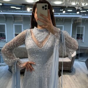 Light Blue Beaded Evening Dress With Sheer Balloon Sleeves Light Blue Beaded Evening Dress With Sheer Balloon Sleeves
