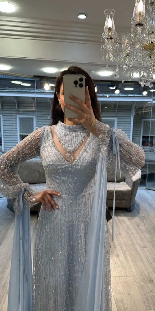 Light Blue Beaded Evening Dress With Sheer Balloon Sleeves