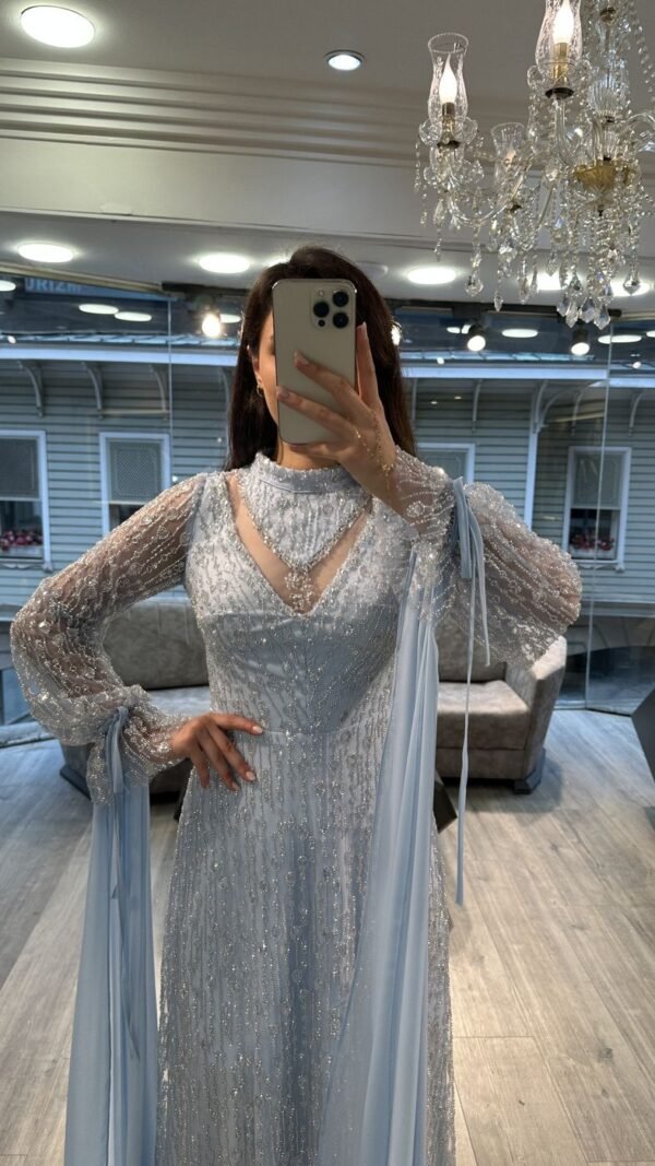 Light Blue Beaded Evening Dress With Sheer Balloon Sleeves Light Blue Beaded Evening Dress With Sheer Balloon Sleeves