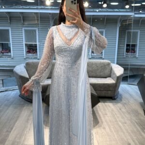 Light Blue Beaded Evening Dress With Sheer Balloon Sleeves Light Blue Beaded Evening Dress With Sheer Balloon Sleeves