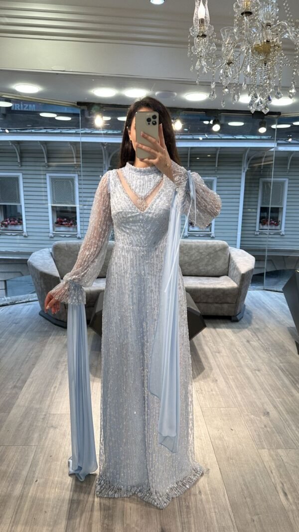 Light Blue Beaded Evening Dress With Sheer Balloon Sleeves Light Blue Beaded Evening Dress With Sheer Balloon Sleeves