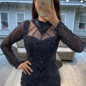 Midnight Blue Long Sleeve Corset Beaded Evening Gown