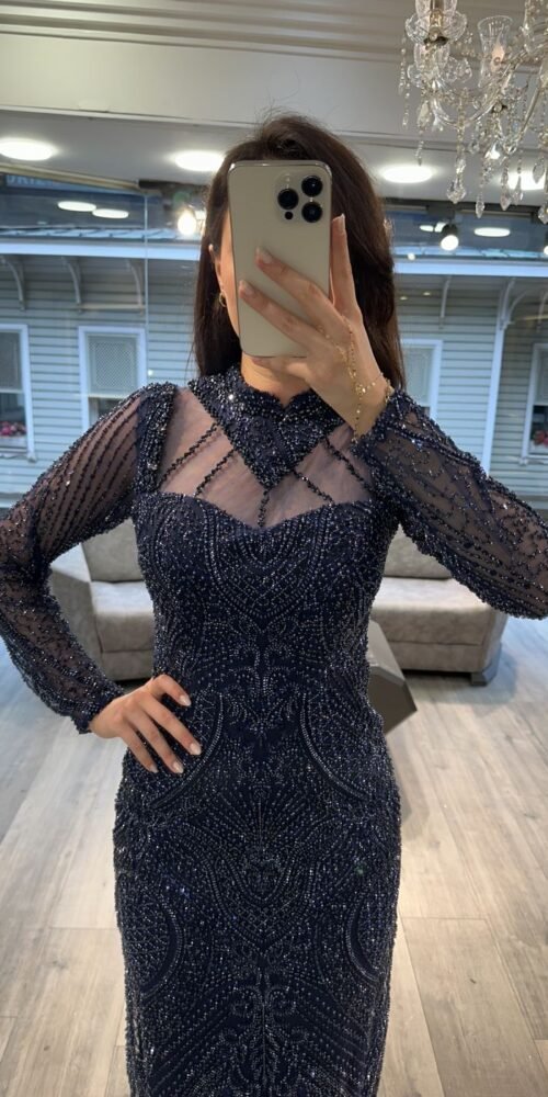 Midnight Blue Long Sleeve Corset Beaded Evening Gown