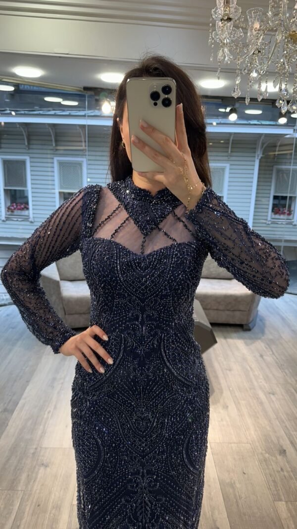 Midnight Blue Long Sleeve Corset Beaded Evening Gown