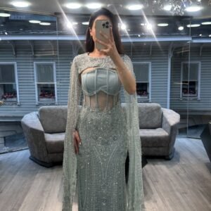 Mint Green Corset Beaded Evening Gown With Cape Mint Green Corset Beaded Evening Gown With Cape