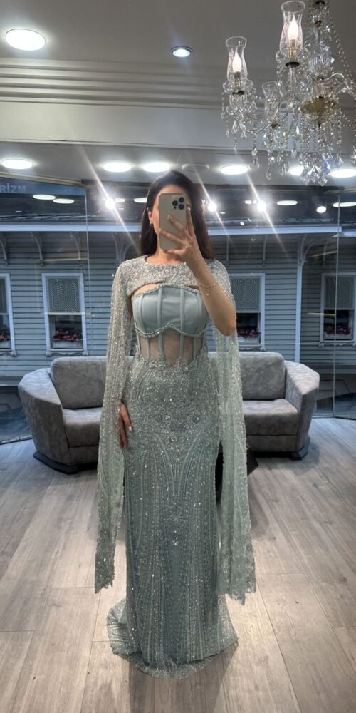Mint Green Corset Beaded Evening Gown With Cape