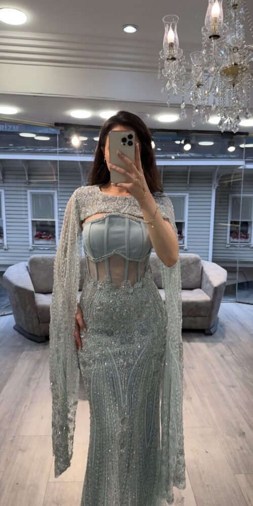 Mint Green Corset Beaded Evening Gown With Cape