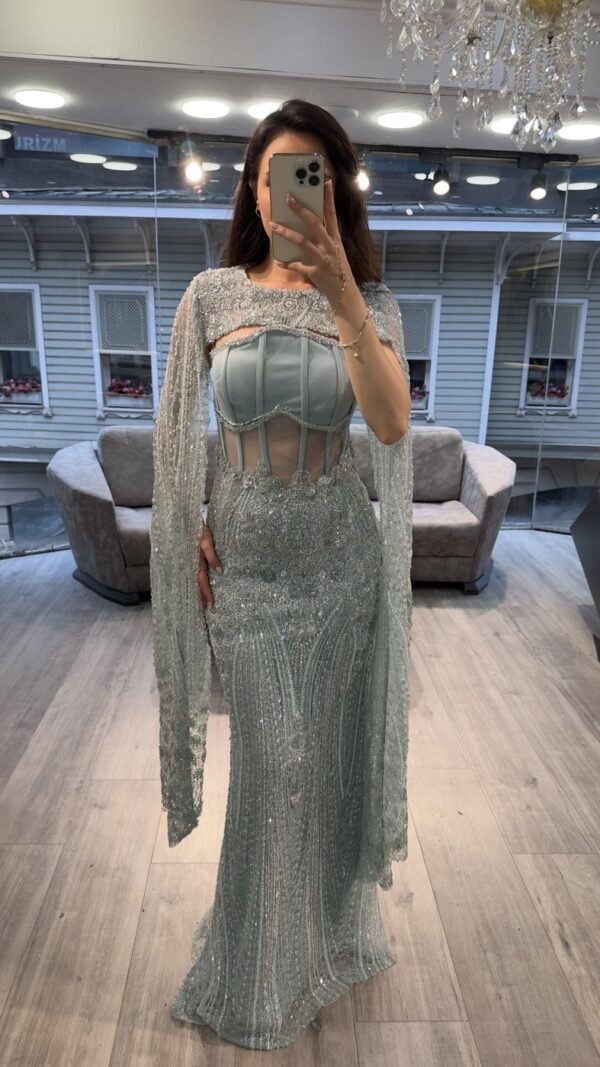 Mint Green Corset Beaded Evening Gown With Cape Mint Green Corset Beaded Evening Gown With Cape
