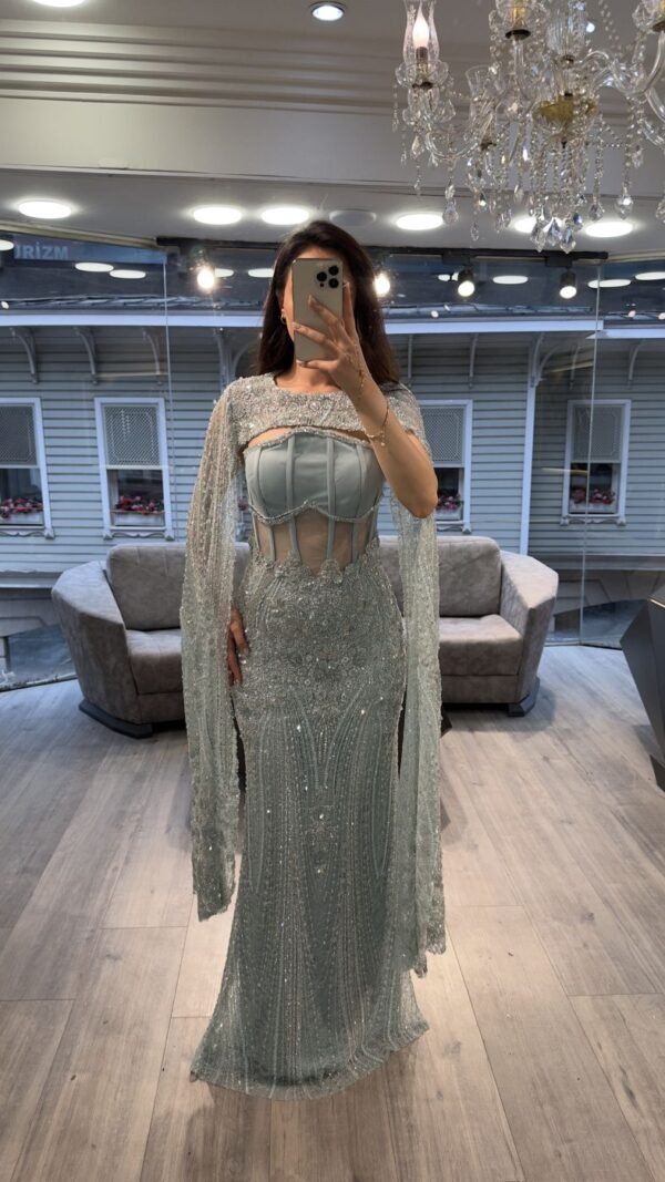 Mint Green Corset Beaded Evening Gown With Cape Mint Green Corset Beaded Evening Gown With Cape