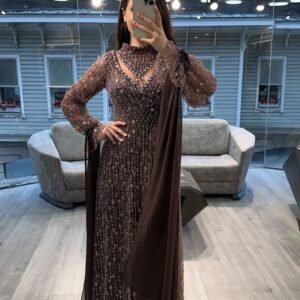 Mocha Brown Beaded Evening Dress With Sheer Balloon Sleeves