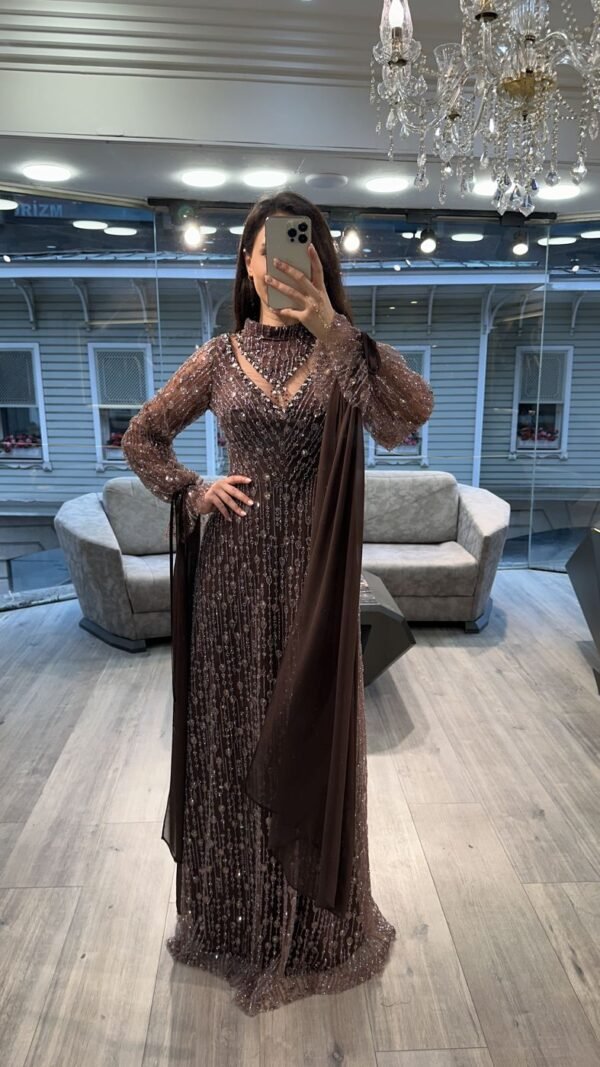 Mocha Brown Beaded Evening Dress With Sheer Balloon Sleeves