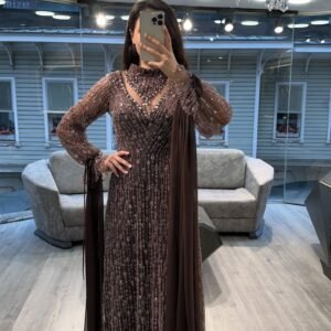 Mocha Brown Beaded Evening Dress With Sheer Balloon Sleeves