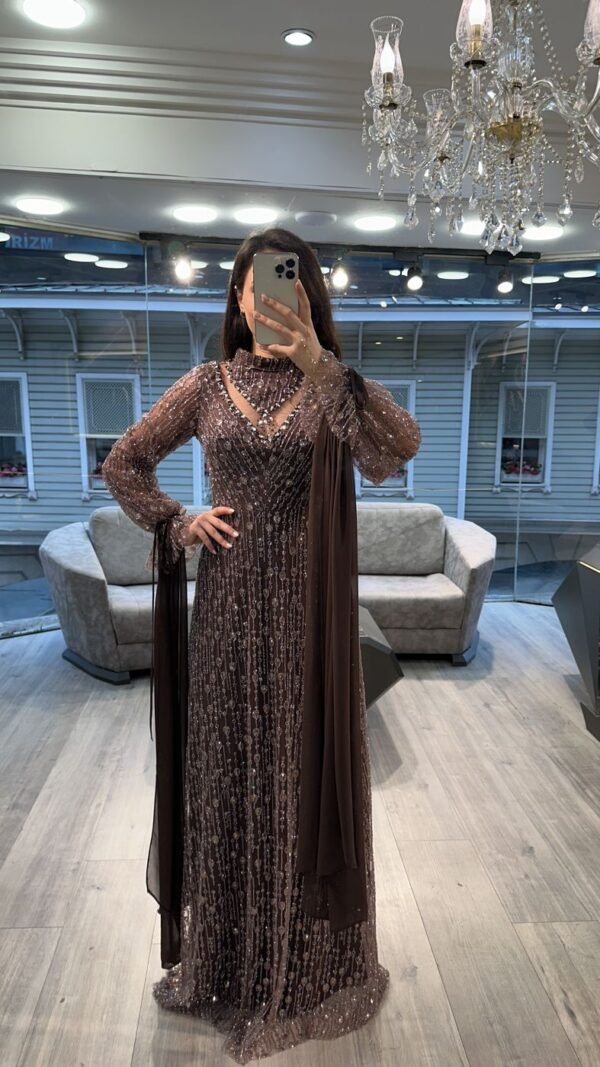 Mocha Brown Beaded Evening Dress With Sheer Balloon Sleeves