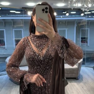 Mocha Brown Beaded Evening Dress With Sheer Balloon Sleeves