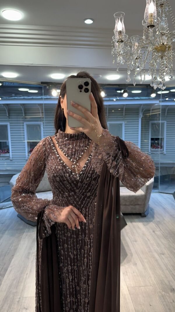Mocha Brown Beaded Evening Dress With Sheer Balloon Sleeves