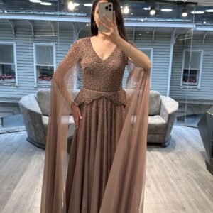 Mocha V Neck Beaded Chiffon Evening Dress With Cape
