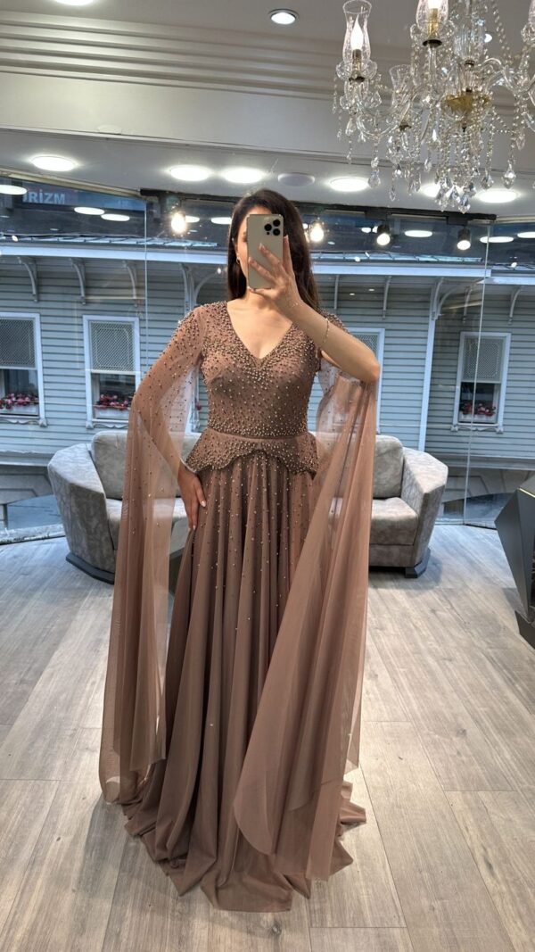 Mocha V Neck Beaded Chiffon Evening Dress With Cape