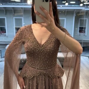 Mocha V Neck Beaded Chiffon Evening Dress With Cape