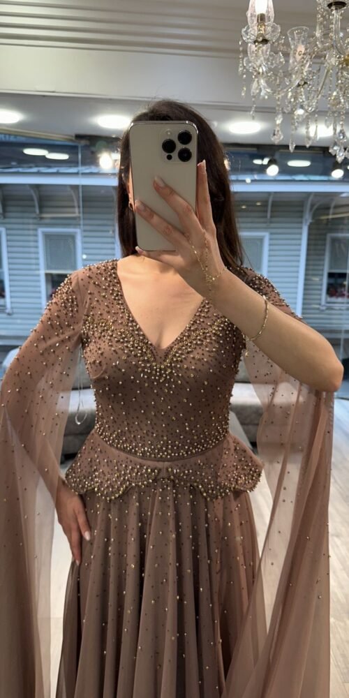 Mocha V Neck Beaded Chiffon Evening Dress With Cape
