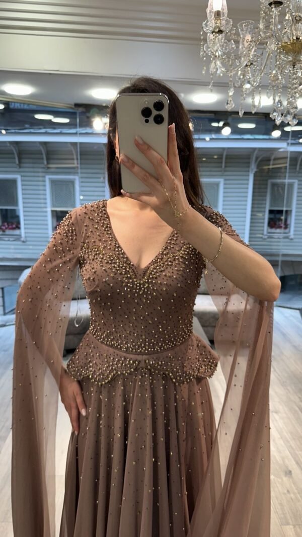 Mocha V Neck Beaded Chiffon Evening Dress With Cape