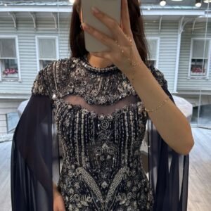 Navy Blue Beaded Mermaid Evening Gown With Chiffon Cape Sleeves