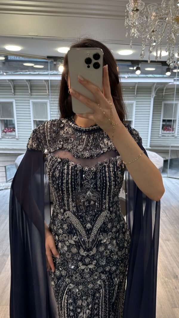 Navy Blue Beaded Mermaid Evening Gown With Chiffon Cape Sleeves