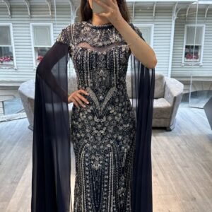 Navy Blue Beaded Mermaid Evening Gown With Chiffon Cape Sleeves