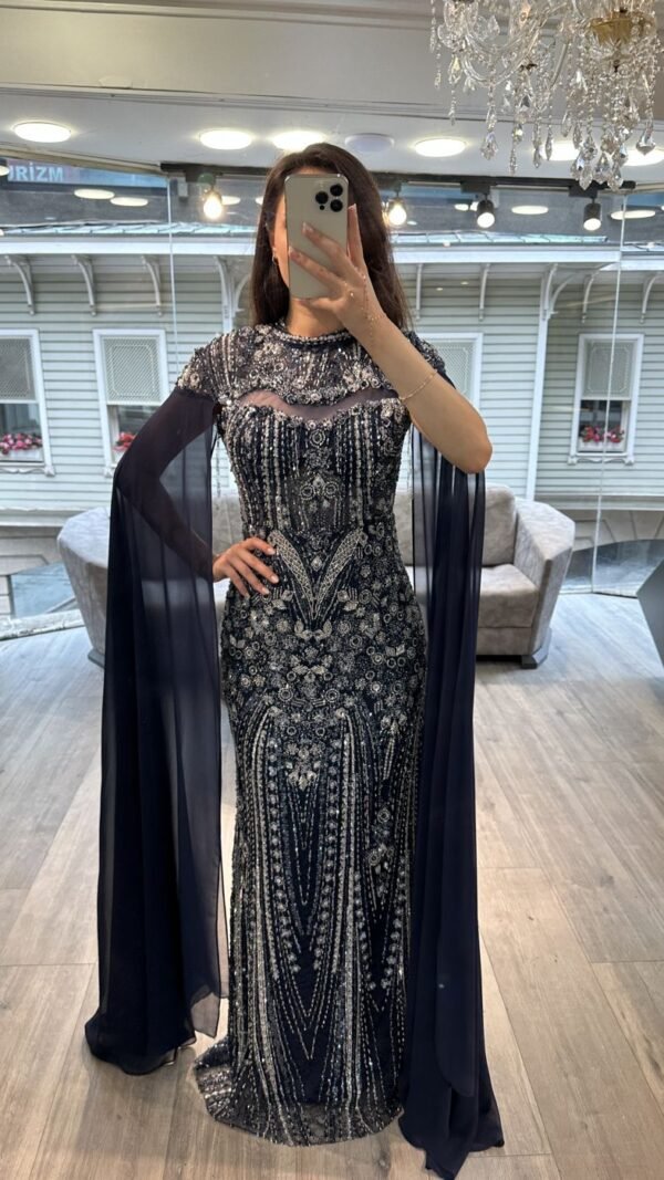 Navy Blue Beaded Mermaid Evening Gown With Chiffon Cape Sleeves