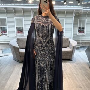 Navy Blue Beaded Mermaid Evening Gown With Chiffon Cape Sleeves