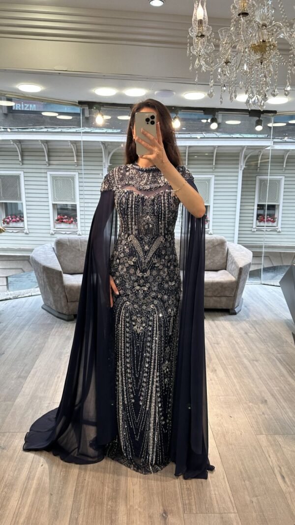 Navy Blue Beaded Mermaid Evening Gown With Chiffon Cape Sleeves