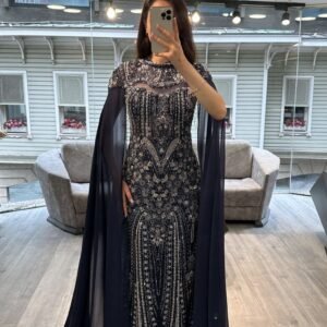 Navy Blue Beaded Mermaid Evening Gown With Chiffon Cape Sleeves
