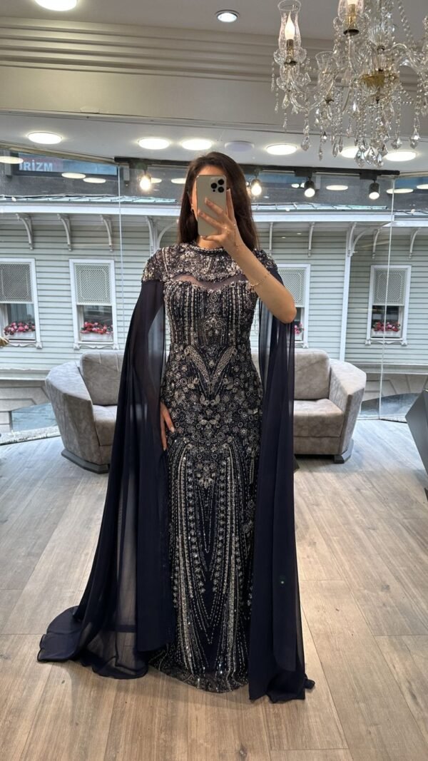 Navy Blue Beaded Mermaid Evening Gown With Chiffon Cape Sleeves