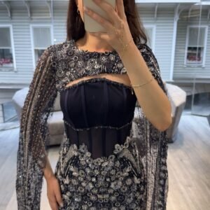 Navy Blue Corset Beaded Evening Gown With Cape