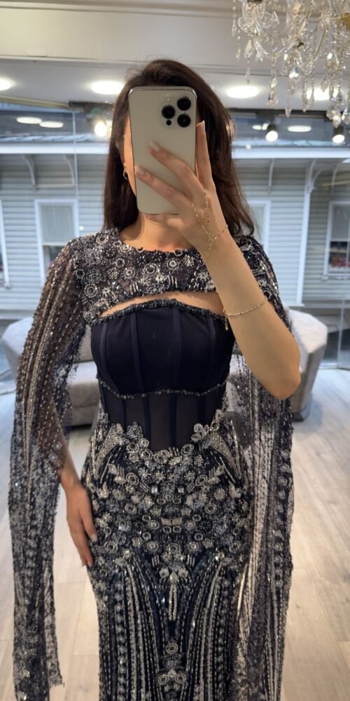 Navy Blue Corset Beaded Evening Gown With Cape Navy Blue Corset Beaded Evening Gown With Cape