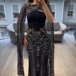 Navy Blue Corset Beaded Evening Gown With Cape