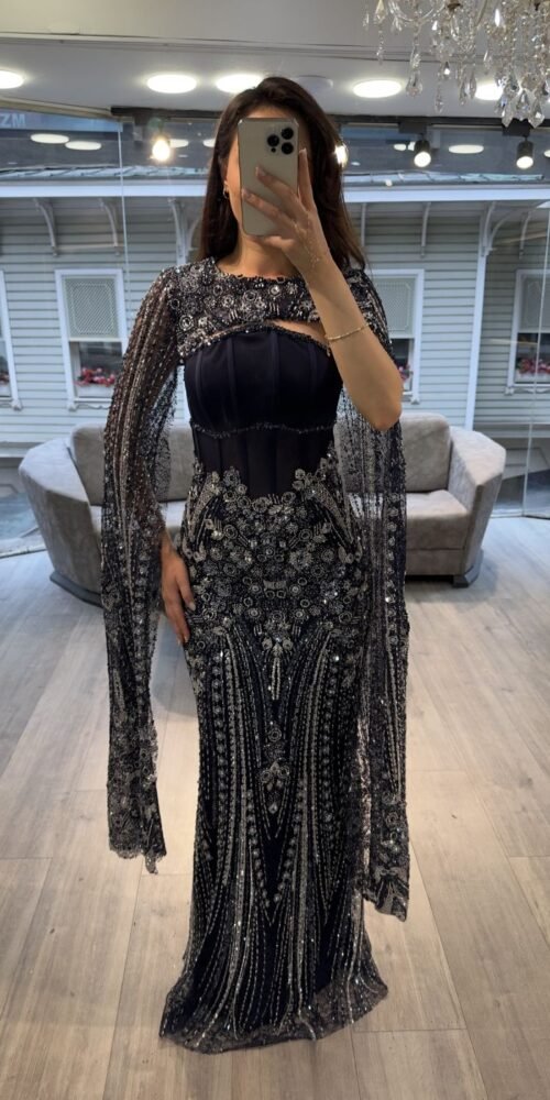Navy Blue Corset Beaded Evening Gown With Cape