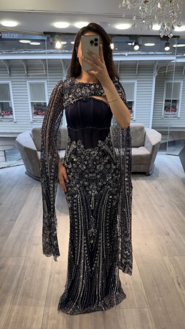 Navy Blue Corset Beaded Evening Gown With Cape