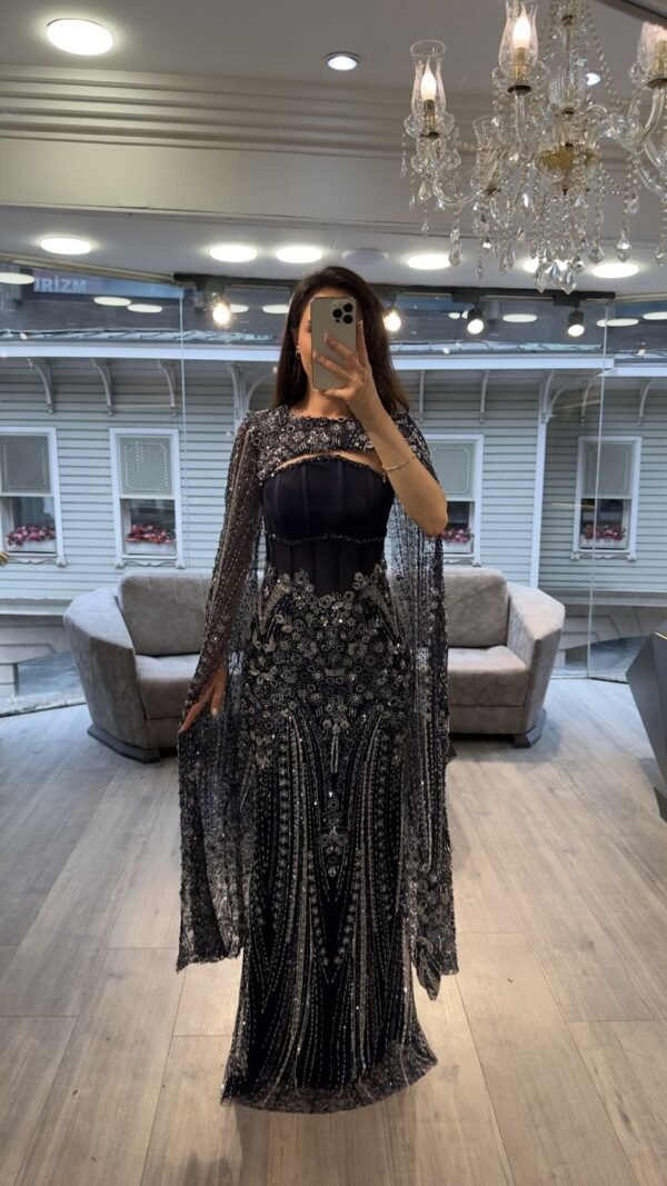 Navy Blue Corset Beaded Evening Gown With Cape
