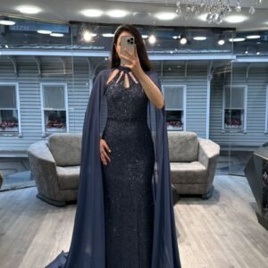 Navy Blue Cut Out Neck Sequin Mermaid Gown With Chiffon Cape