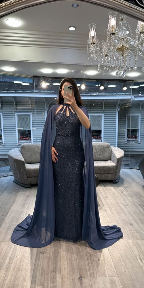 Navy Blue Cut Out Neck Sequin Mermaid Gown With Chiffon Cape