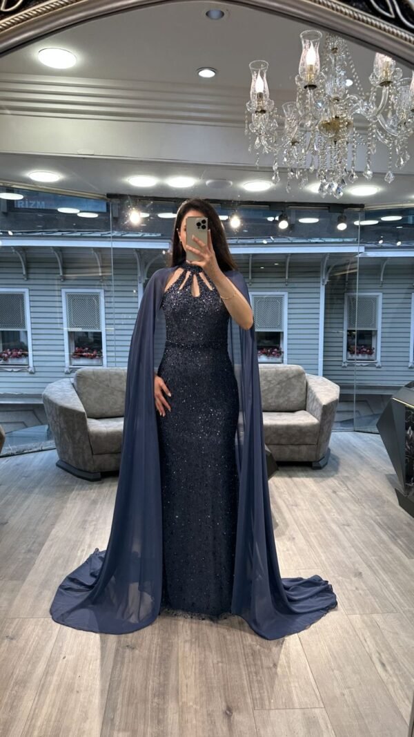 Navy Blue Cut Out Neck Sequin Mermaid Gown With Chiffon Cape