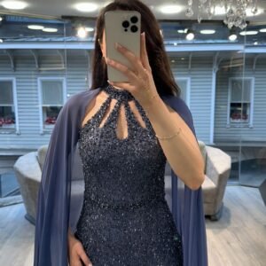 Navy Blue Cut Out Neck Sequin Mermaid Gown With Chiffon Cape