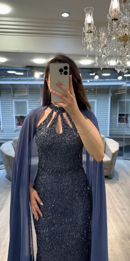 Navy Blue Cut Out Neck Sequin Mermaid Gown With Chiffon Cape