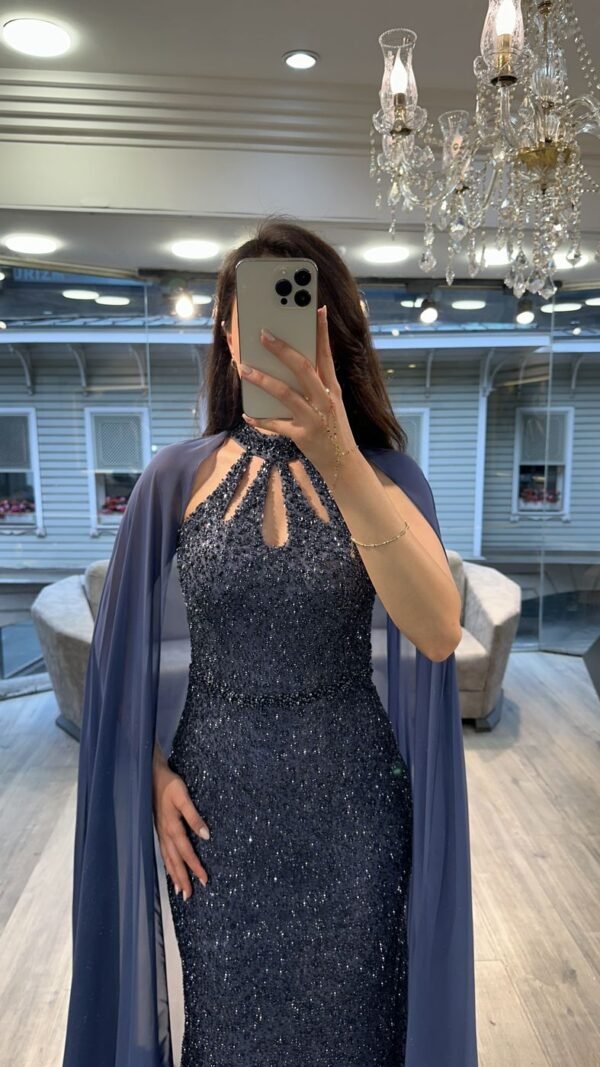 Navy Blue Cut Out Neck Sequin Mermaid Gown With Chiffon Cape