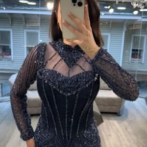 Navy Blue Illusion Neck Long Sleeve Beaded Evening Dress Navy Blue Illusion Neck Long Sleeve Beaded Evening Dress