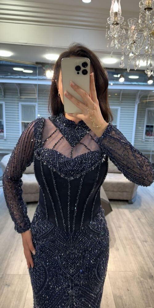 Navy Blue Illusion Neck Long Sleeve Beaded Evening Dress